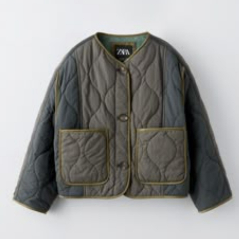 Zara Kids Olive and Green Quilted Button Up Puffer Jacket Size 14